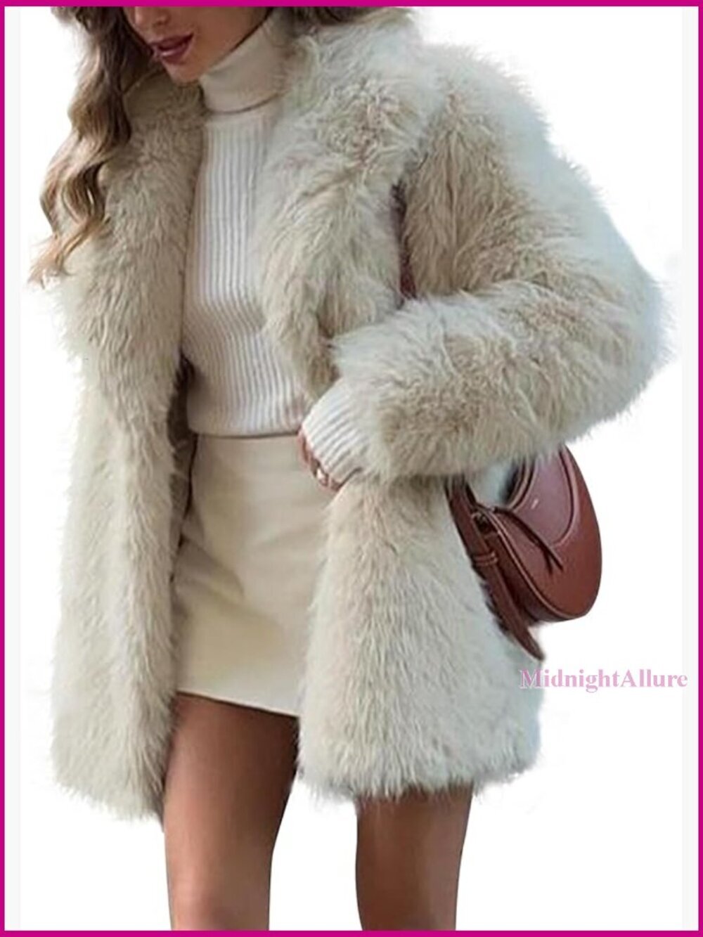 Mid-Length Faux Fur Coat with Shawl Collar, Long Sleeves, Hidden Pockets